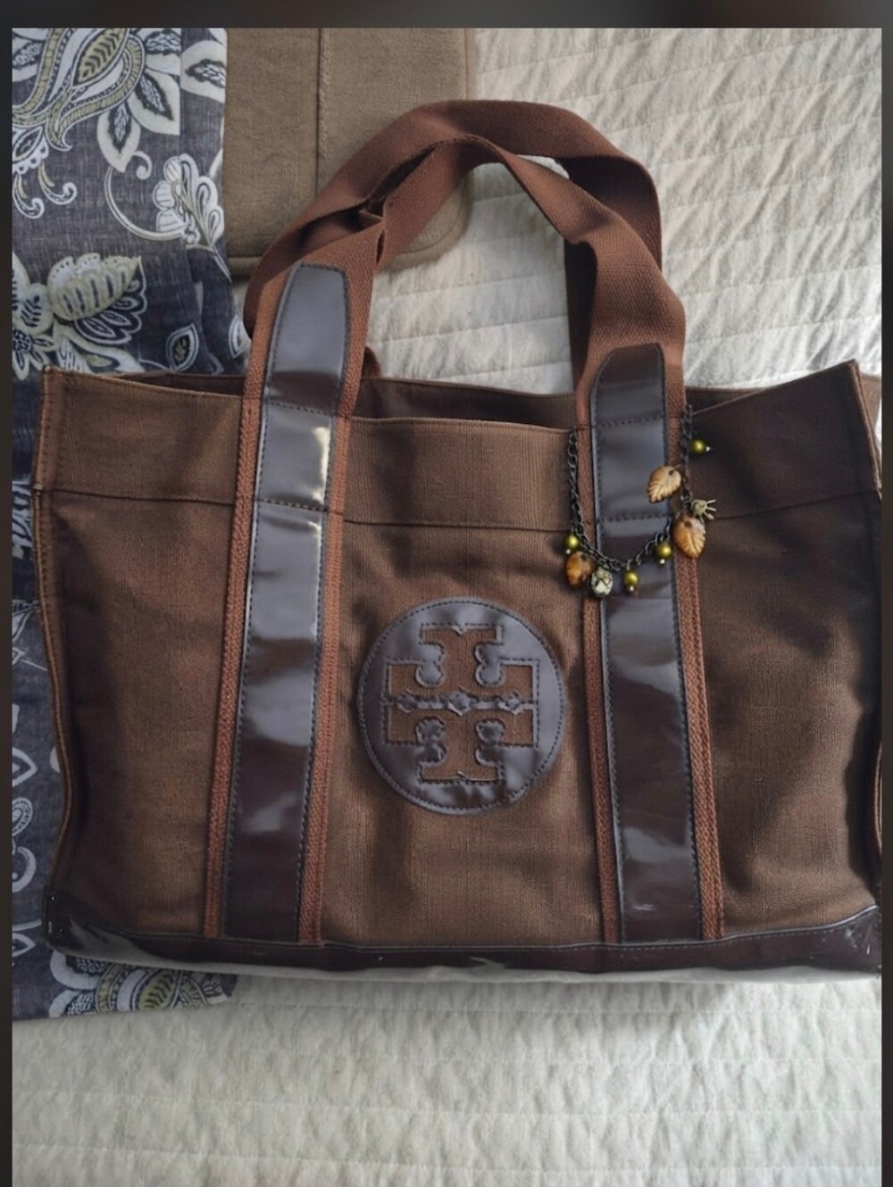 Tory Burch Brown Canvas and Patent Leather Tote - Picture 2 of 11